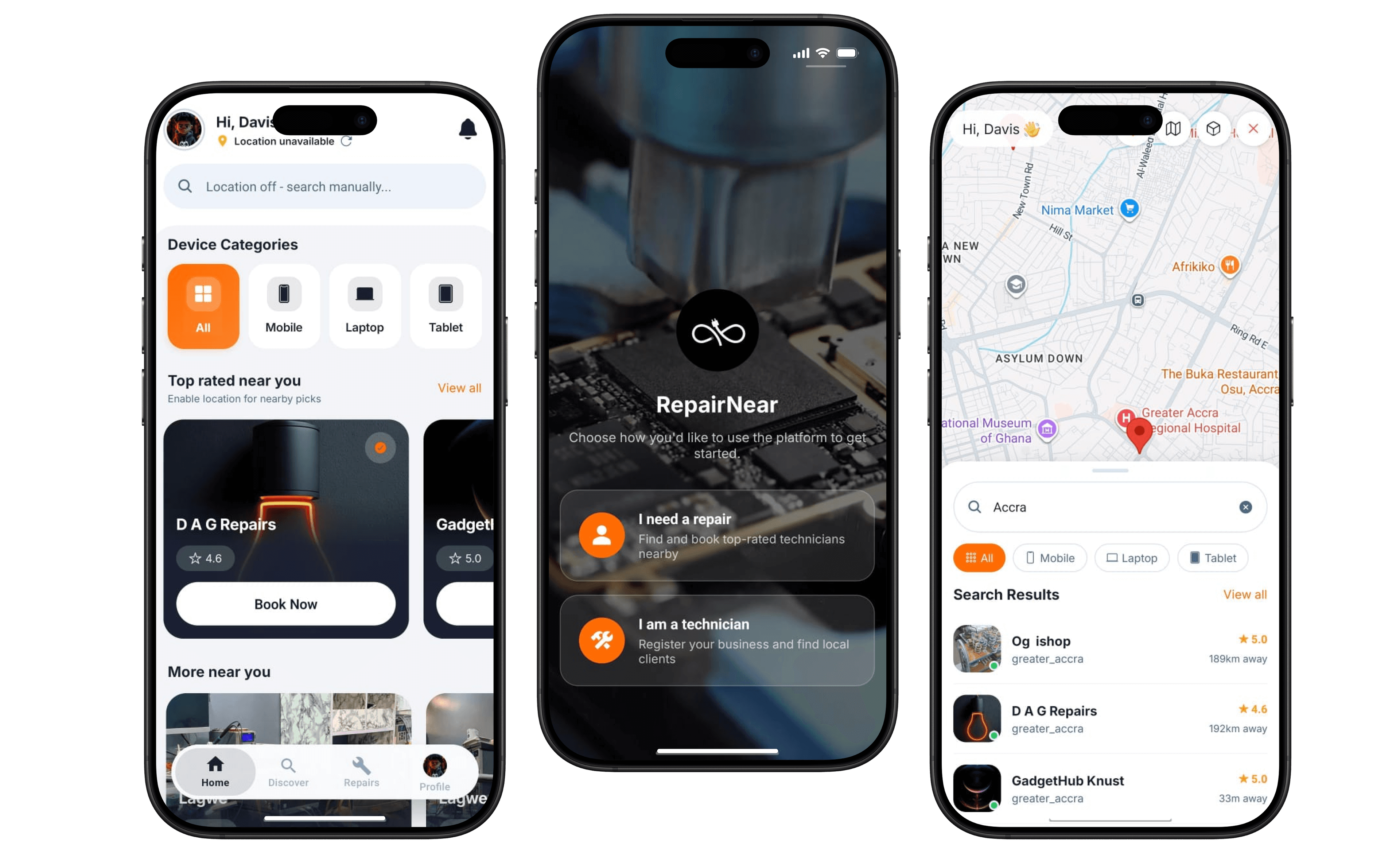 RepairNear app on three phones