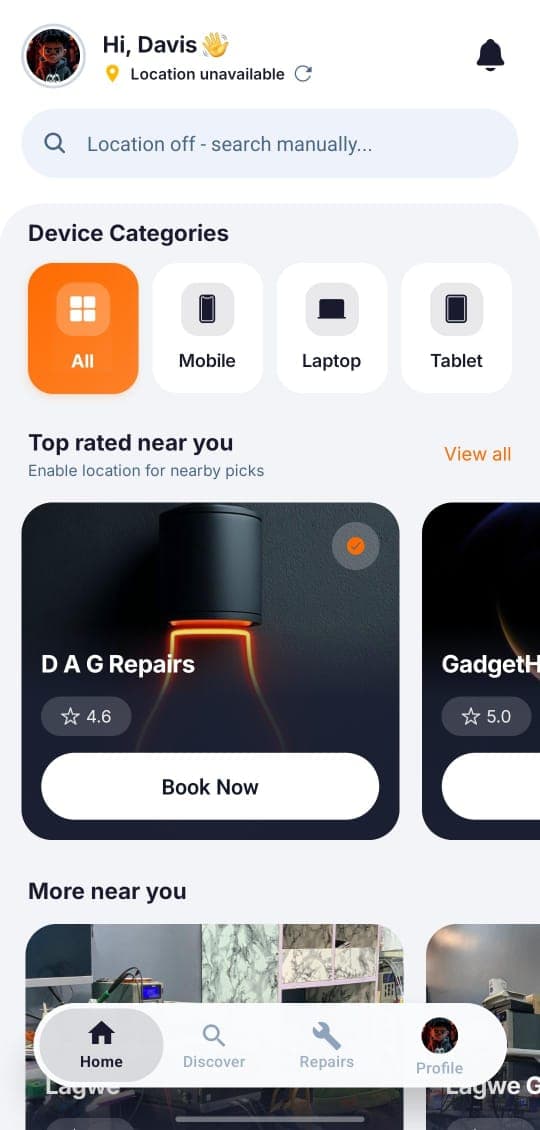 RepairNear app showing top-rated repair shops near you